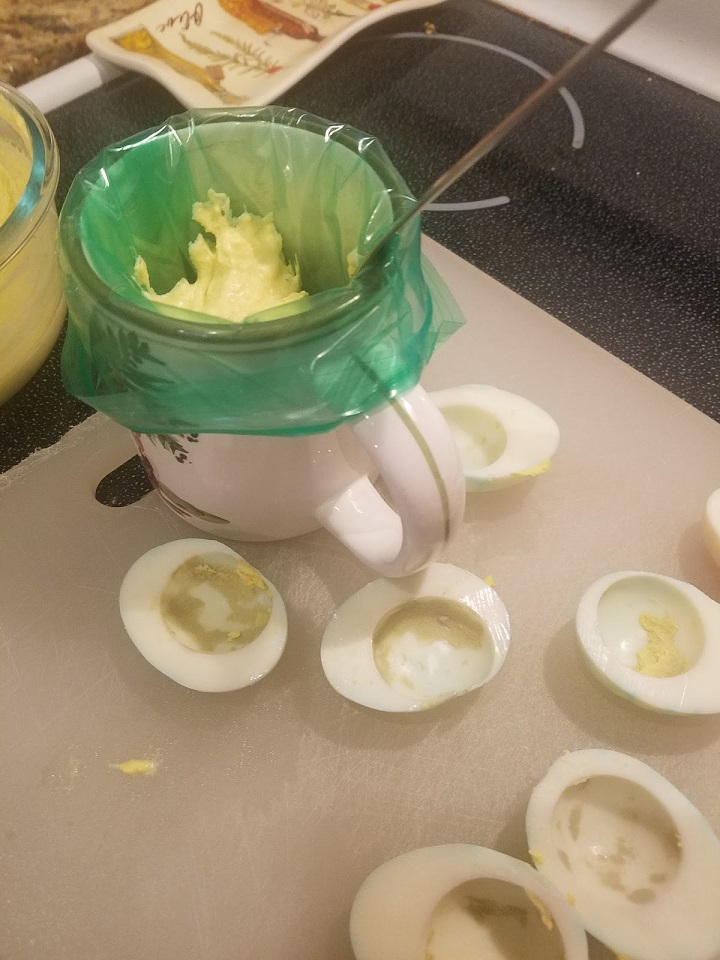 these are hard boiled eggs made into deviled eggs and filled with ziplock bag