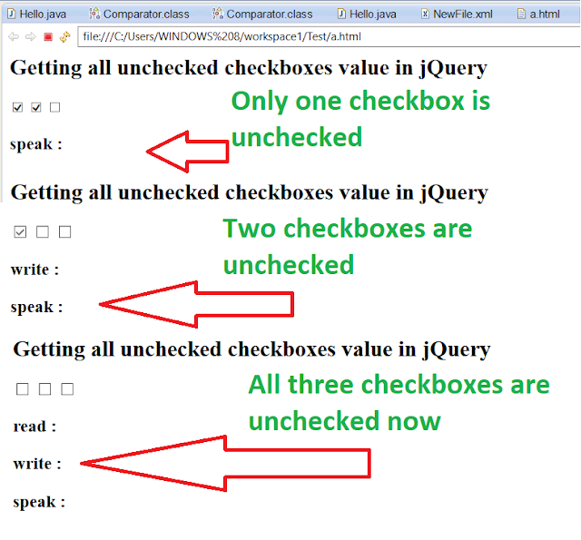 How to find all unchecked checkboxes from a page using jQuery?Example