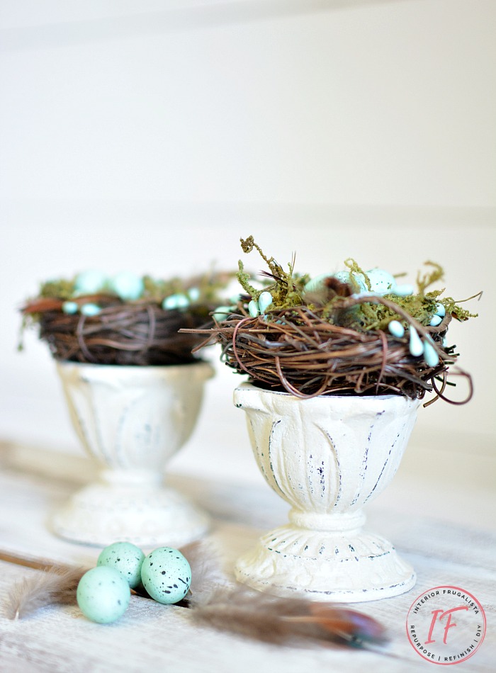 Farmhouse Spring Nest Decor on a budget with upcycled succulent pots and dollar store bird nest florals. A quick and easy Spring decor idea.