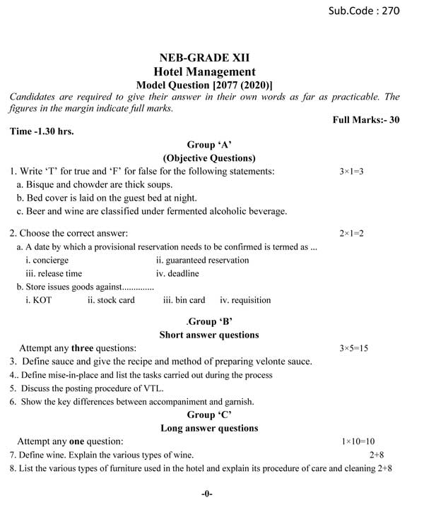NEB Grade 12 Hotel Management Model Questions