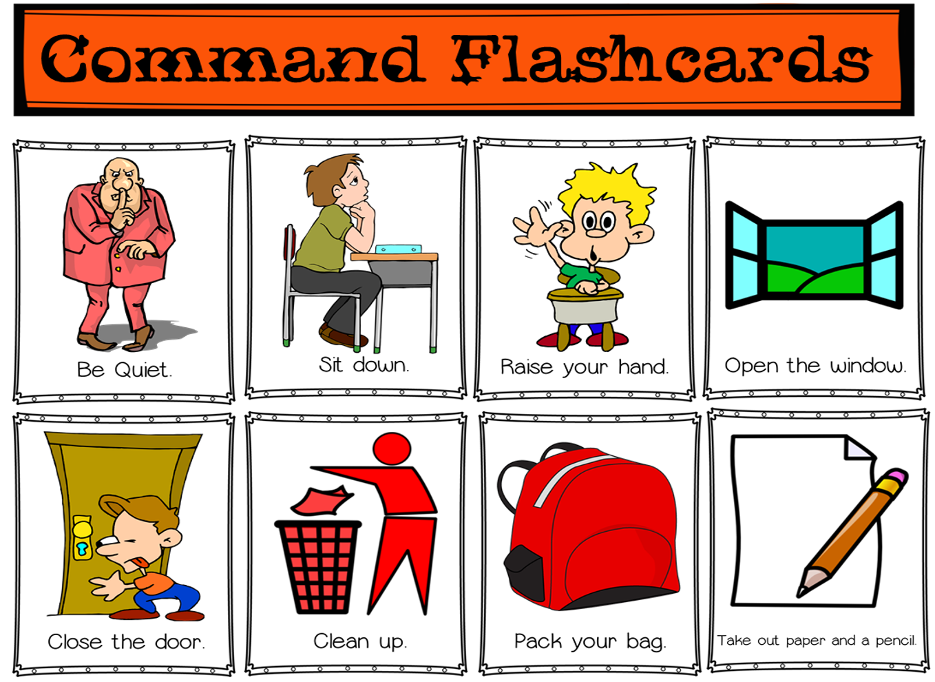 Карточки Classroom Actions. Flashcards. Imperatives для детей. Commands for Kids.