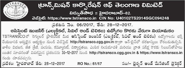 TSTRANSCO AE/Assistant Engineer Posts 2018, Apply online tstransco assistant engineer posts 2018 recruitment notification,last date,online application,transco.telangana.gov.in,qualifications,how to apply,online fee payment