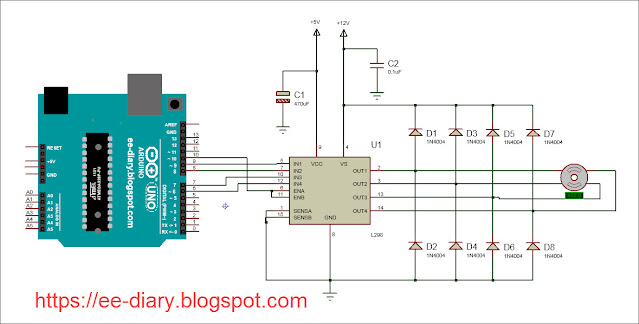 circuit drawing of Arduino with Nema 17 stepper motor, L298N motor driver