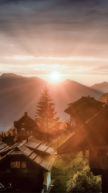 Mountain, Dawn, Sunlight, Village, Houses, Tree