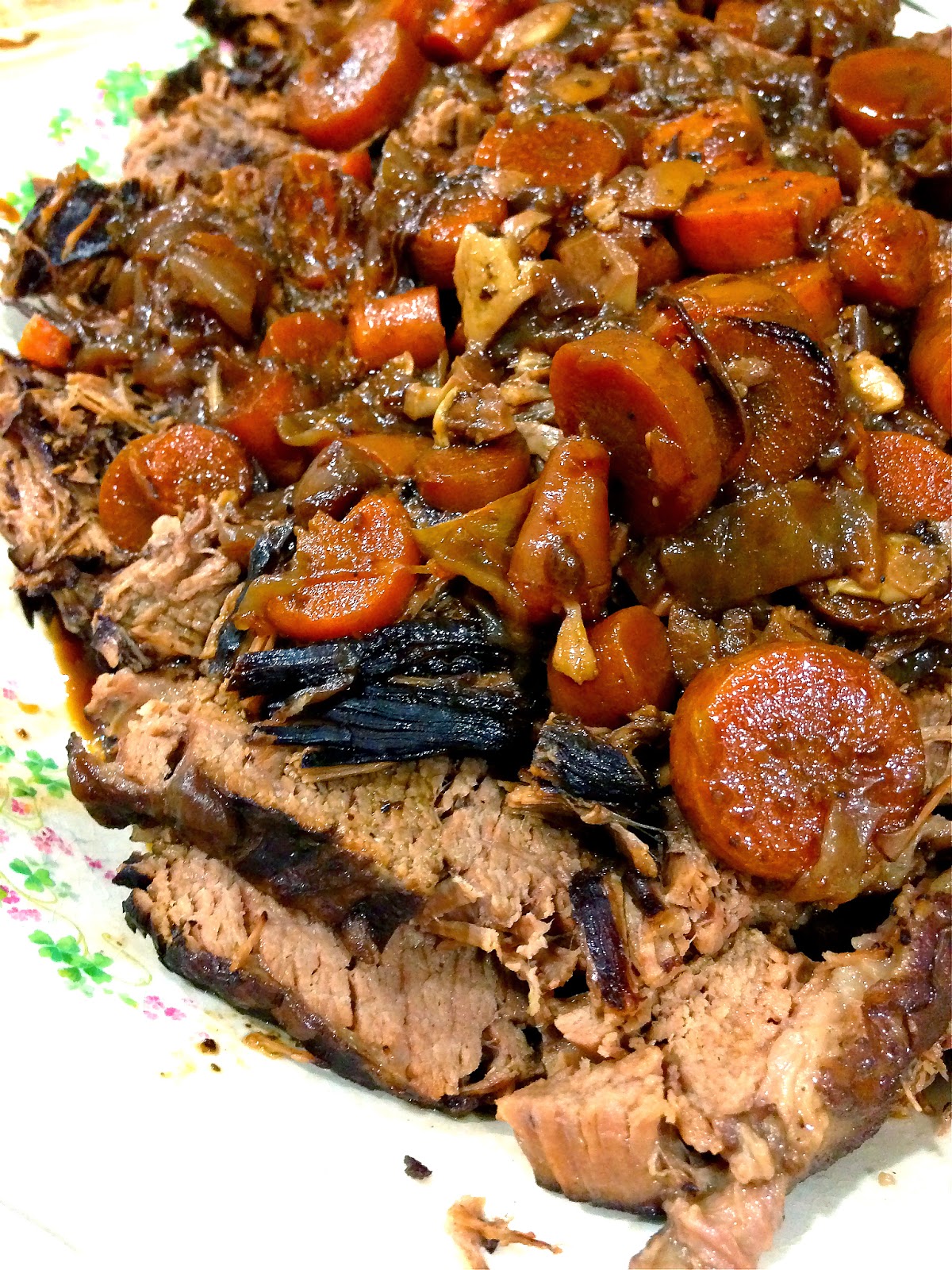 Red Wine Braised Beef Brisket with Caramelized Onions and Carrots The