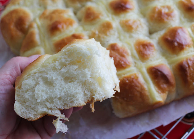 Food Lust People Love: These soft potato buns are made with cooked mash potatoes. They are light, fluffy and just sweet enough to qualify as sweet bread, especially with the vanilla custard crosses.