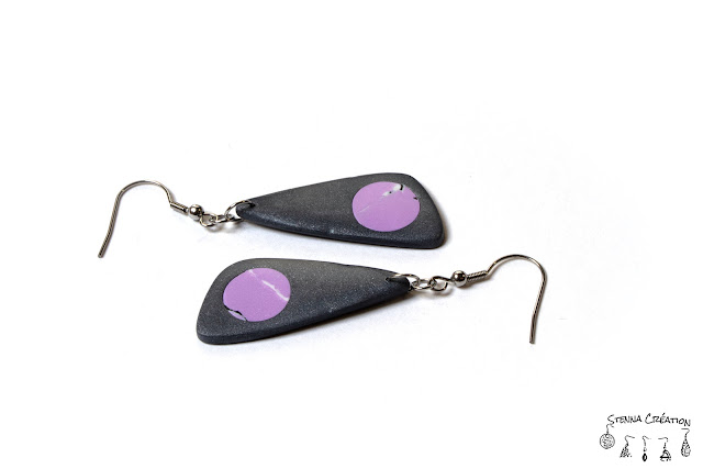 Boucles oreilles pâte polymère WaterColor Mosaic Violet gris Stenna Création Fimo Cernit 