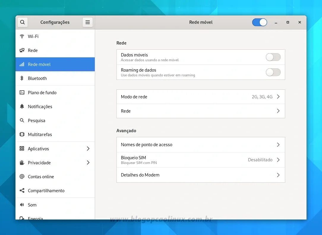 Painel de Rede Móvel no aplicativo Configurações do GNOME 41