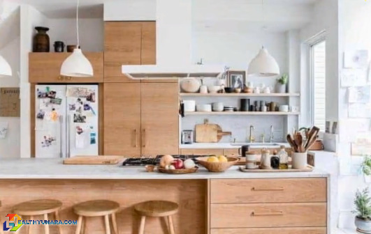 Minimalist kitchen design with warm nuance with the dominance of white color and light wood Minimalist kitchen design with warm nuance with the dominance of white color and light wood
