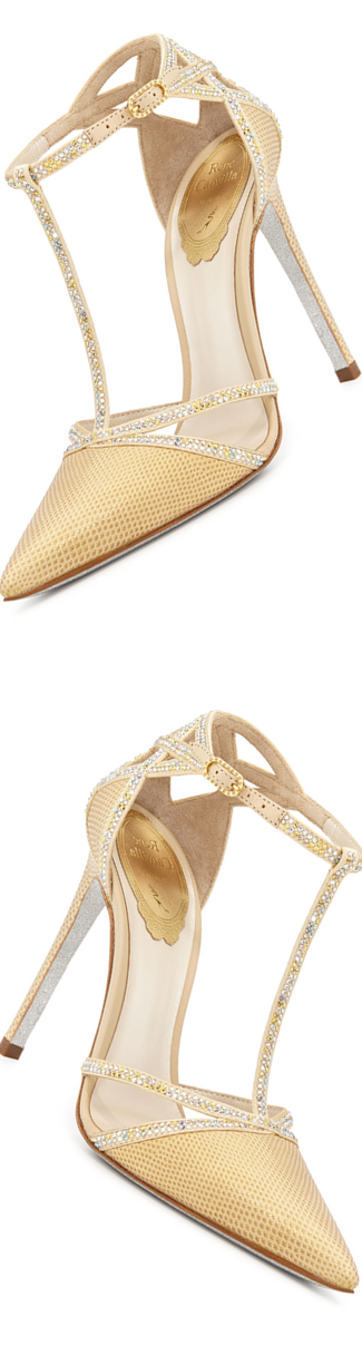 Rene Caovilla Lizard & Crystal T-Strap Pump, Champagne