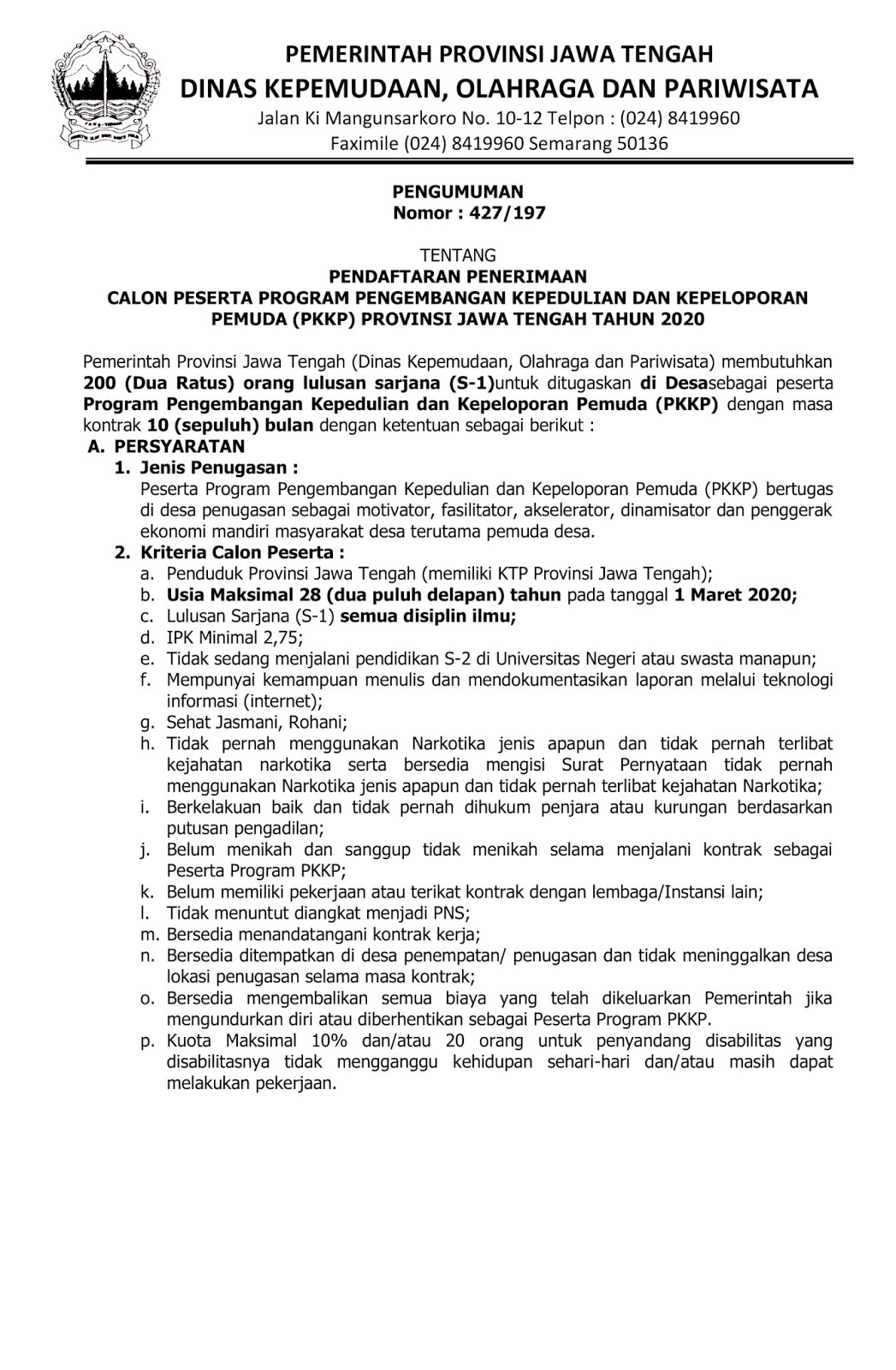 Rekrutmen Non Pns Pkkp Dinas Kepemudaan Olahraga Dan