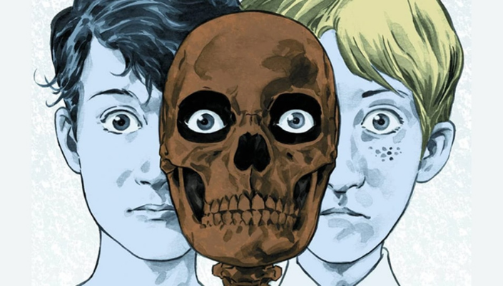 Imagem: ilustração dos quadrinhos com os personagens, de um lado Rowland, um garoto fantasma de pele cinzenta e cabelos pretos e do outro lado Payne, um garoto fantasma com sardas e cabelos loiros e no centro uma caveira com olhos humanos.