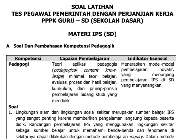 Soal Tes Latihan Seleksi Guru PPPK Materi IPS Untuk SD