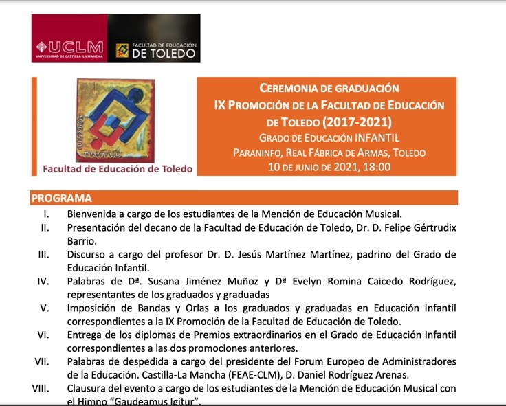 IX Promoción del Grado de Educación Infantil de la Facultad de Educación de Toledo. 10 junio 2021