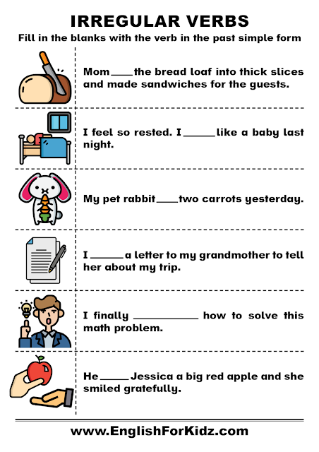Past simple worksheet with sentences to learn irregular verbs, available in PDF