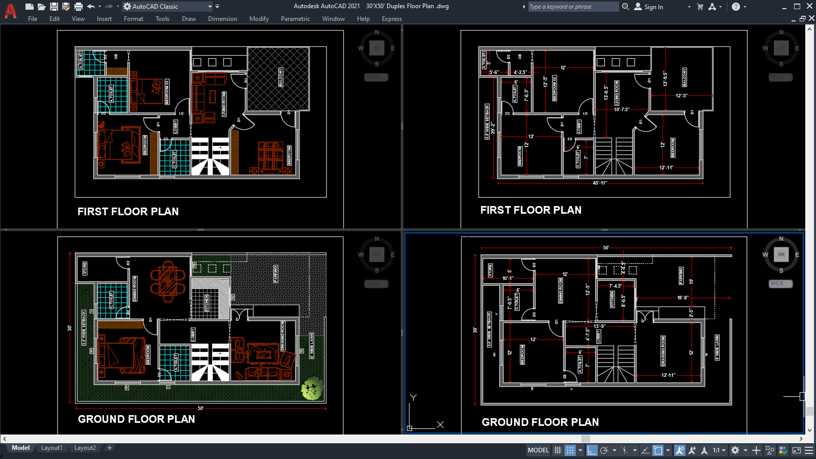 30'X50' Duplex Floor Plan [DWG, PDF]