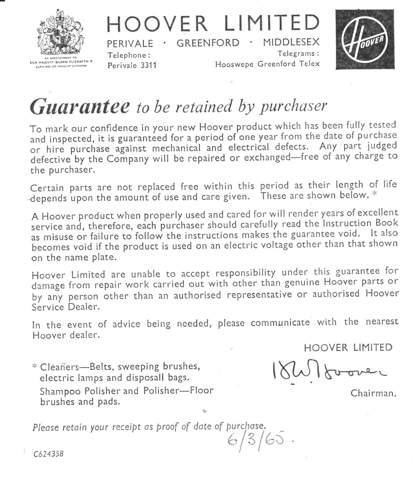 Various 1960's Hoover Guarantee Slips!