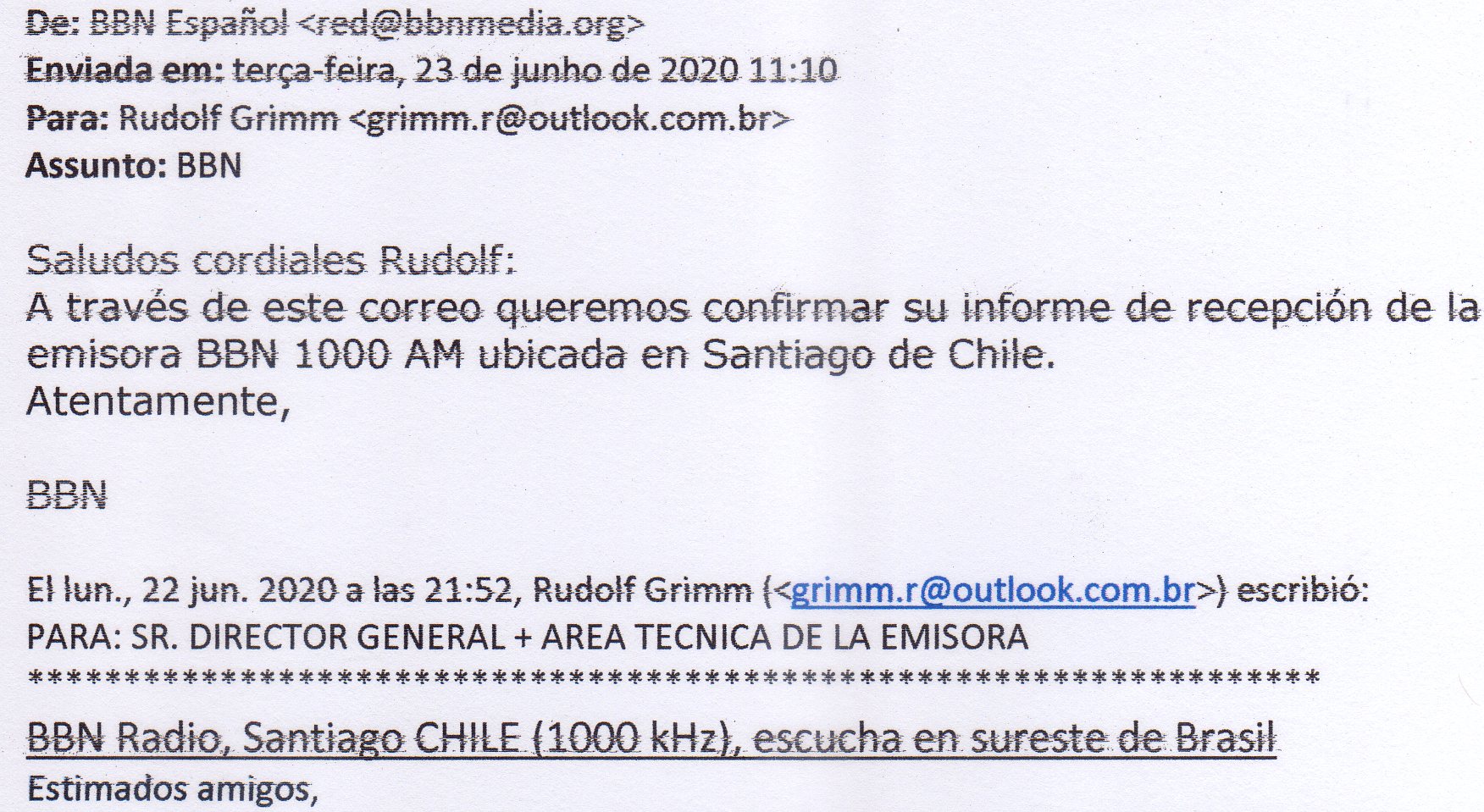 DXwaysbr Confirmação recebida 1000 kHz BBN Radio, via Santiago CHILE