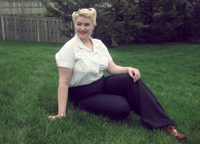 plus size 1940s trousers and victory rolls