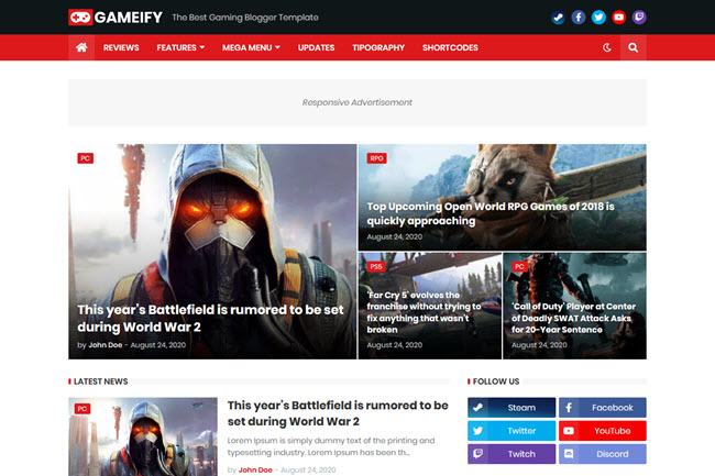 قوالب بلوجر 2021 احترافية Gameify-magazine-gaming-blogger-template