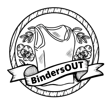 ID: a tank binder with plant imagery on either side and a ribbon at the bottom that reads "BindersOUT" is crosshatched in black and white with a round frame.