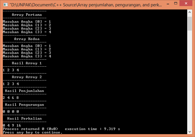 Contoh Program C++ Array Dimensi 1 Penjumlahan, Pengurangan, dan Perkalian