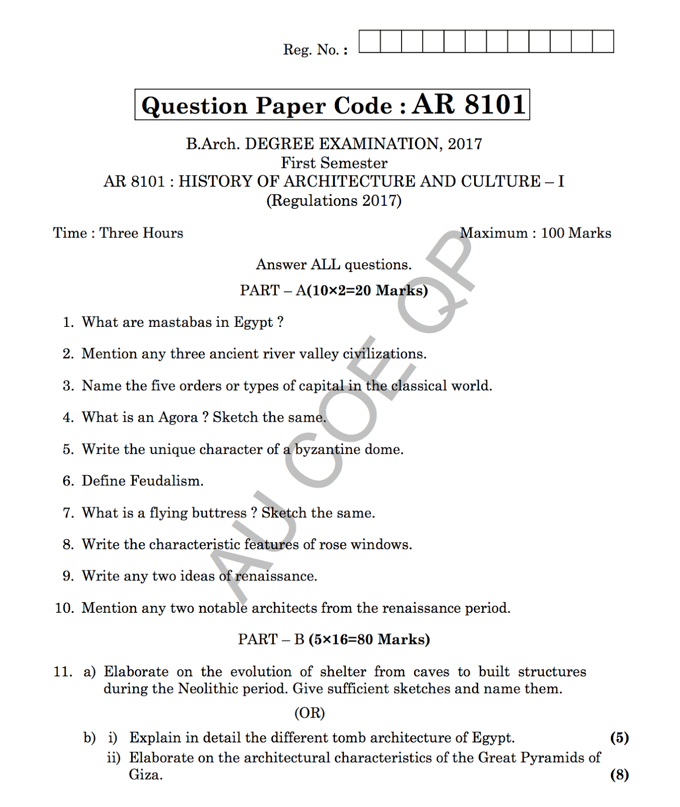 AR8101 History of Architecture and Culture I Question Paper January