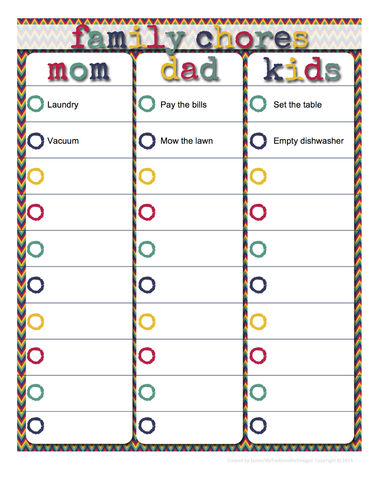 My Fashionable Designs Family Chore Chart Editable In Word FREE 