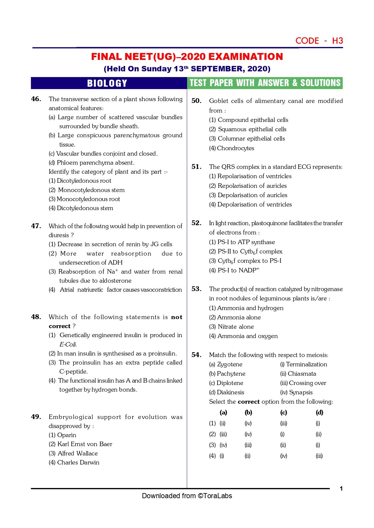Neet 2020 Unsolved Paper