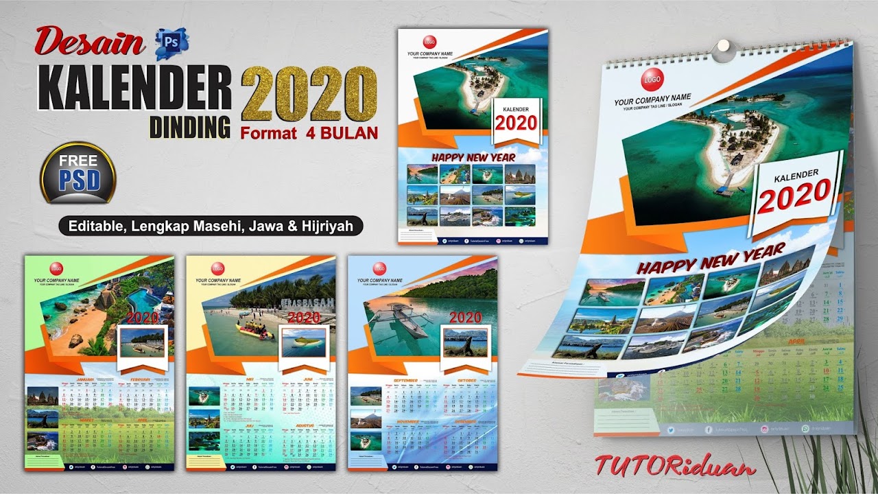 Download Desain Kalender Dinding 2020 Format 4 Bulanan Dengan Photoshop Tutoriduan Com PSD Mockup Templates