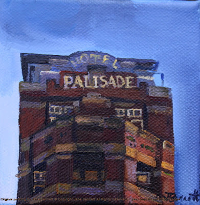 Plein air oil painting of the Hotel Palisade, a historic pub in Millers Point near Barangaroo painted by landscape artist Jane Bennett