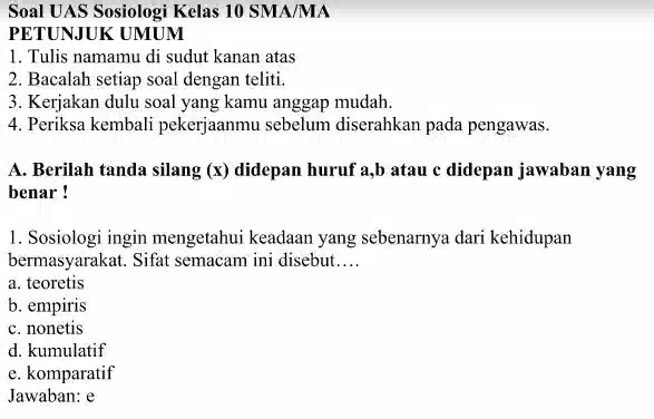 Contoh Soal Uas Sosiologi Kelas X Sma Ma Blog Juragan Les