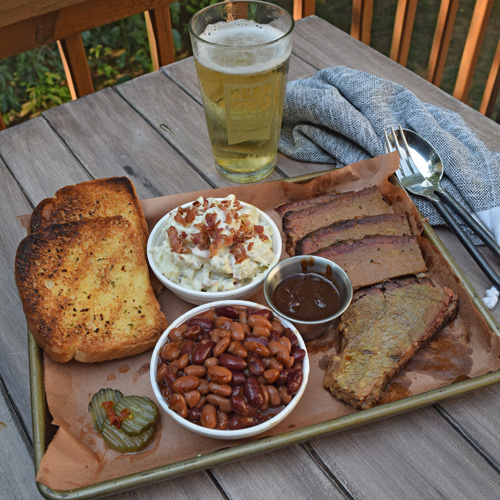 Sliced brisket platter with Bush's Mixed Chili Beans, jalapeno garlic potato salad and texas toast