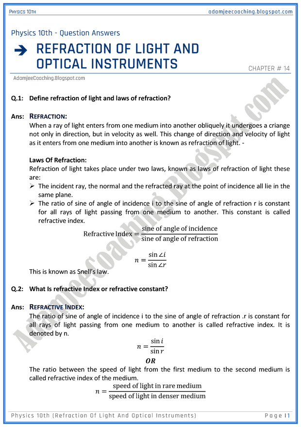 Adamjee Coaching Refraction of Light and Optical Instruments