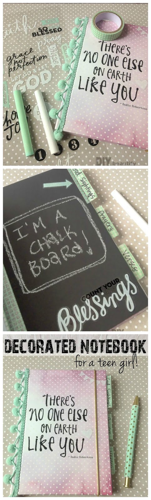 A decorated notebook makes a great gift for a teen girl! Use trims, stickers and chalkboard paper! See more at DIY beautify