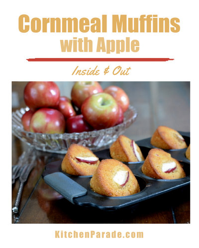 Cornmeal Muffins with Apple, another seasonal muffin ♥ KitchenParade.com, studded with apple with a pretty sliver on top. Perfect for Fall Breakfasts. Autumn Comfort Food. Great for Meal Prep. No Mixer Required.