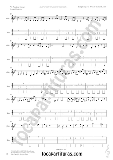  Tablature Punteo Tab Symphony Nº40 de Mozart Sheet Music for Guitar Music Scores Fingering