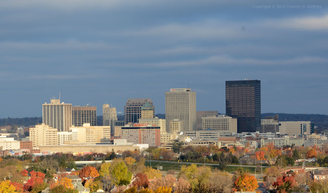 Photo of Dayton Skyline just after dawn as seen from Woodland Cemetery lookout.
