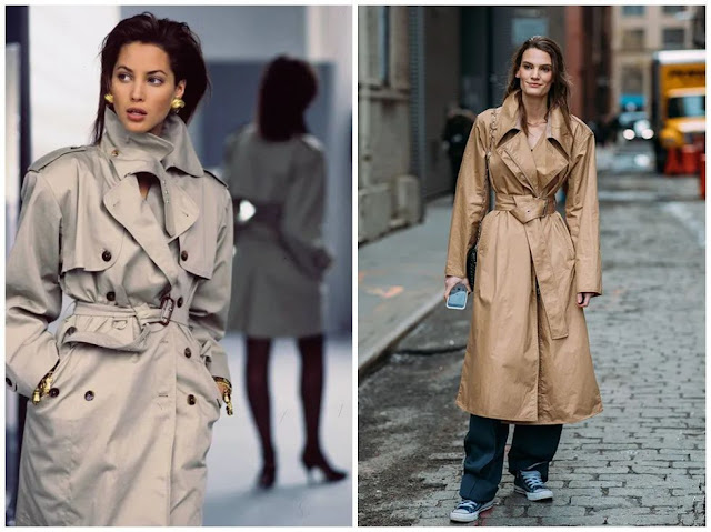 Two women wear a trench coat with gentleman knot.