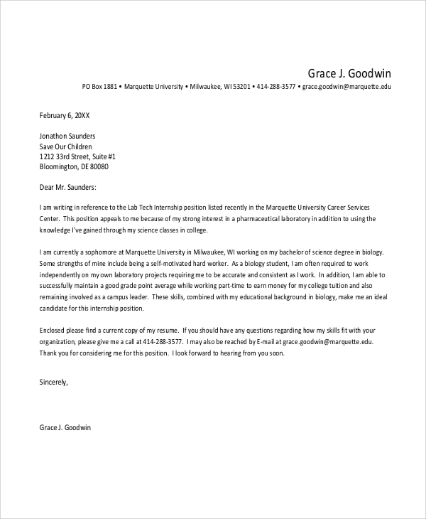 cover letter for an internship examples