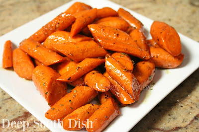 Oven roasted chunks of carrots, tossed with olive oil, seasonings, cayenne, balsamic vinegar and honey.