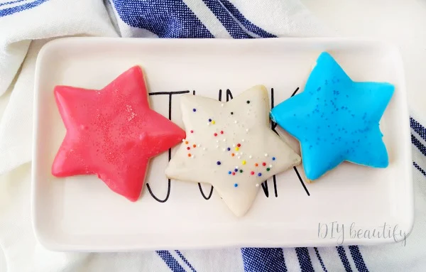 star shaped sugar cookies with red white and blue frosting