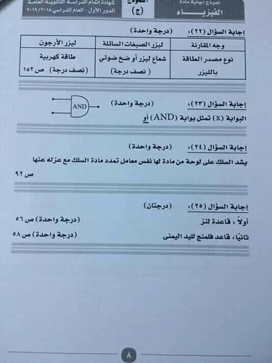 نموذج إجابة امتحان فيزياء الثانوية العامة 2019 الرسمي بتوزيع الدرجات