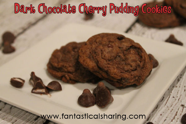 Dark Chocolate Cherry Pudding Cookies | Delicious cherry-filled dark chocolate morsels in this soft, chewy cookie #cookies #HandCraftedEdibles #chocolate #cherry 