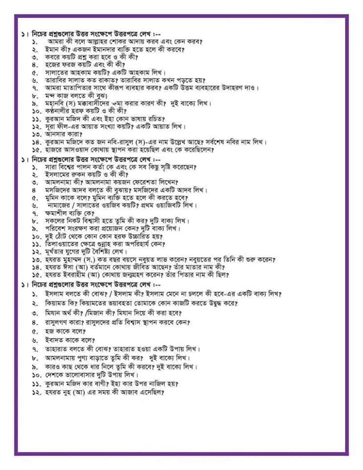 প্রাথমিক বৃত্তি পরীক্ষার ইসলাম ও নৈতিক শিক্ষা সাজেশন ২০২২