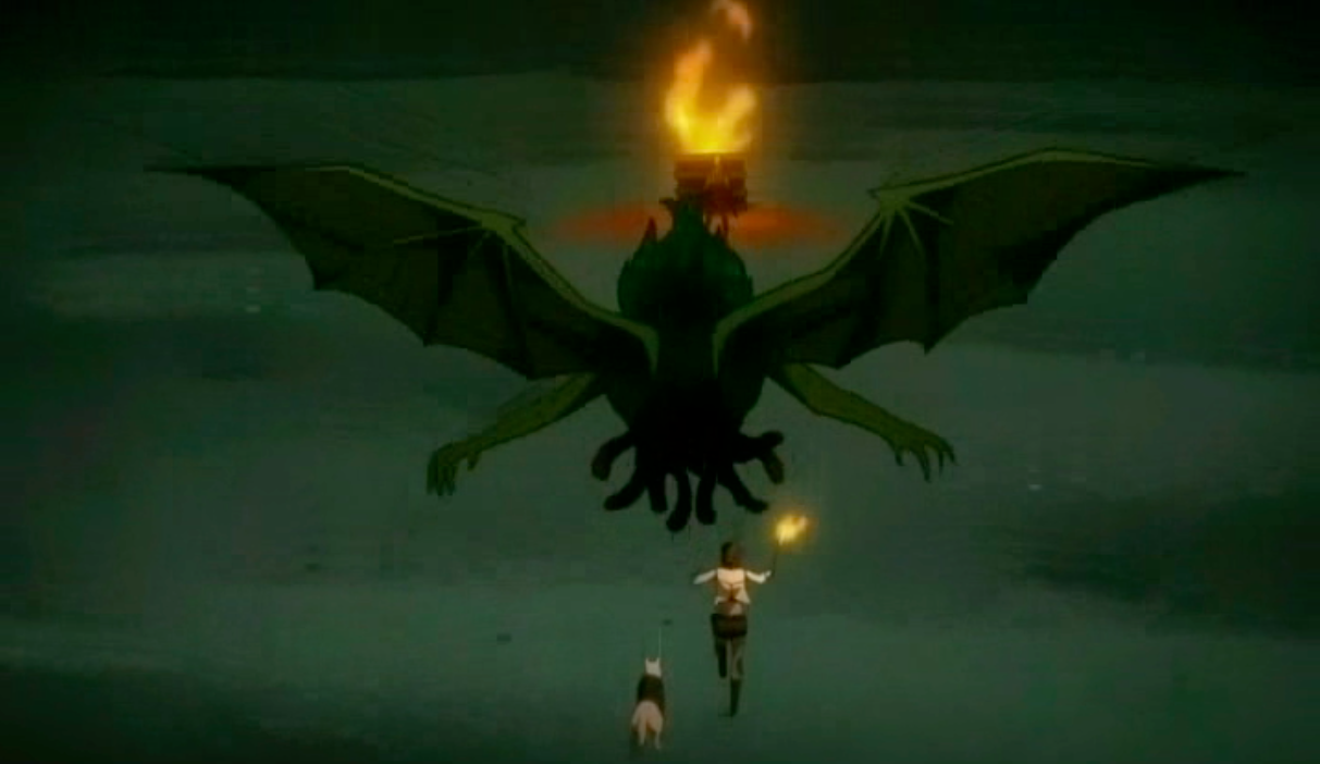 Screen Shot from BLADE: The Animated Series. A birds eye view of a manananggal , entrails hanging from its torso, stalking a victim that walks on the ground below.
