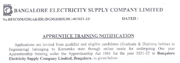 Bescom Jobs Recruitment 2021 | Bescom Recruitment 2021 For Apprentice Graduate/Technician) Bescom Jobs Recruitment 2021 | Bescom Recruitment 2021 For Apprentice Graduate/Technician)
