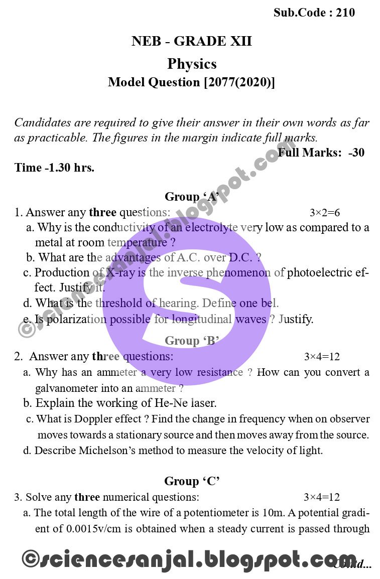Physics Grade 12XII Model Question Paper 20772020 Subject