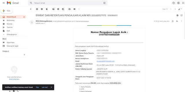 Email konfirmasi e-klaim JHT BPJS Email konfirmasi e-klaim JHT BPJS