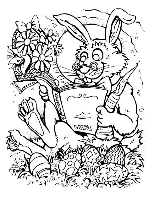 Easter bunny reading, line drawing to color